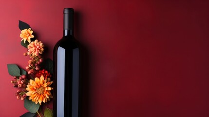 Bottle of red wine with flowers on red background
