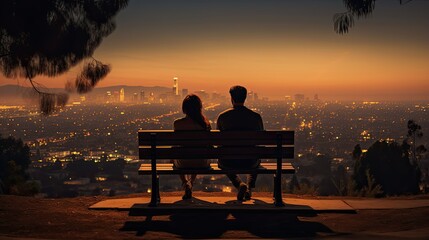 Couple Sitting on Bench Looking at City View on Hillside. Generative AI