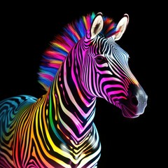 Zebra with Rainbow-Colored Fur on Black Background. Generative AI