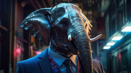 Fototapeta na wymiar A cyberpunk elephant in a suit and tie.Generative AI