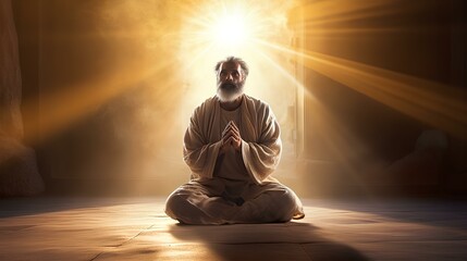 A man praying alone in a bright room flooded with divine light.