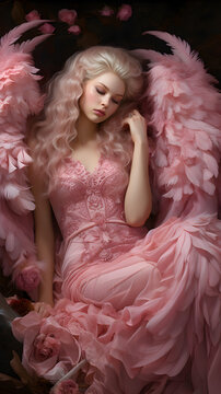 Girl with Pink feather-like Dress