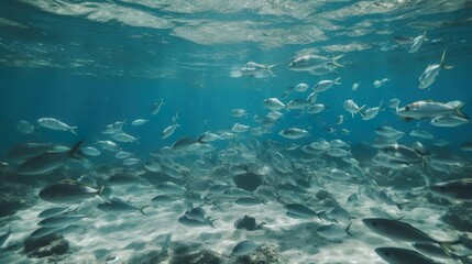 Underwater view with schooling fish and beautiful sunlight. Tropical fish in coastal waters. Wildlife. Sea and ocean world. Life in a coral reef. Ecosystem.