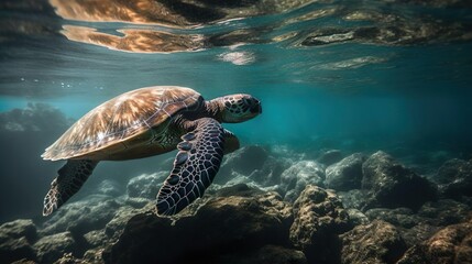 Exotic wildlife animal. A giant sea turtle spreads its paws and swims in the blue depths of the sea or ocean. Copy space.