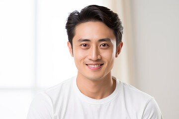 Radiant and cheerful Asian young man showcasing a warm smile against a clean, white background