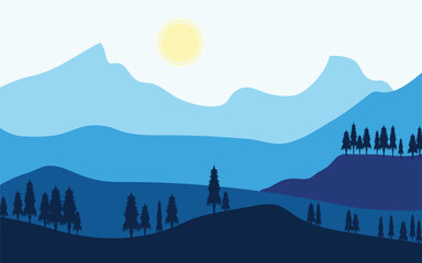 blue mountain landscape illustration in flat style and also silhouette of pine trees