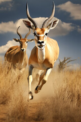 Fototapeta premium An Antelope running fast to escape a predator following it in open savanna