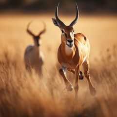 An Antelope running fast to escape a predator following it in open savanna
