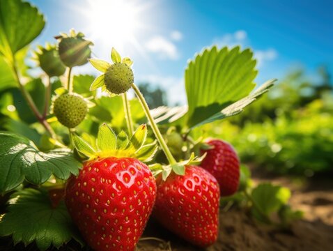 Strawberries growing on a field, low angle shot with cloudy, blue sky and sun