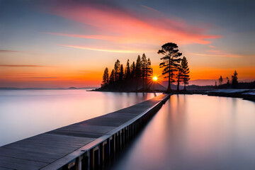 Dramatic sunset over the calm lake with straight wooden bridge