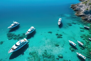Fototapeta premium aerial view of beautiful yachts sailing in blue sea, AI Generated
