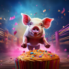 cute funky pig jumping into a birthday cake - 639614297
