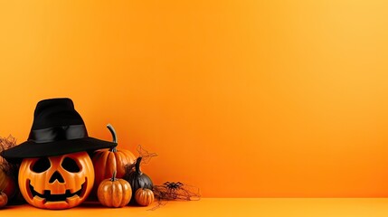 Halloween objects, orange background, banner, free space for text