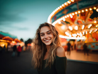 Beautiful happy young girl at carnival, bright lights and colorful background