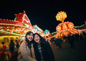 Beautiful happy Asian friends at carnival, bright lights and colorful background