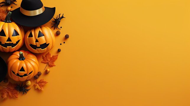 Halloween objects, orange background, banner, free space for text