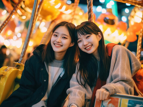 Beautiful happy Asian friends at carnival, bright lights and colorful background