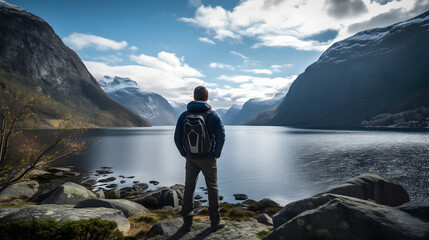 Man looking at the Lake and Mountain and Sea