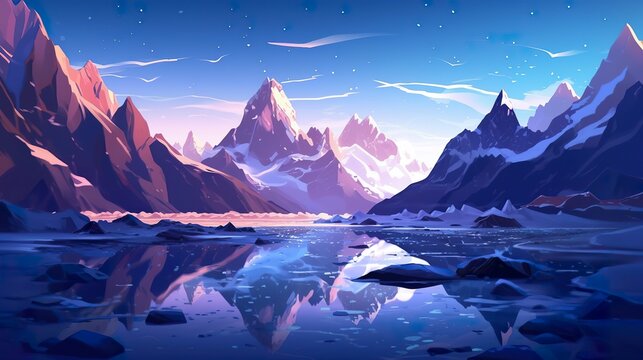 Snow Peaks And Glaciers On The Dark Sky Landscape Illustration. 