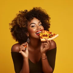 Fotobehang Black woman eating a slice of pizza. © DALU11