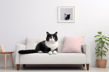 Image of cute black and white cat lying on sofa. Pet. animals. Illustration, Generative AI.
