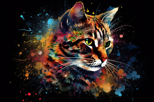 Image of colorful cat head on black background. Pet. Illustration, Generative AI.