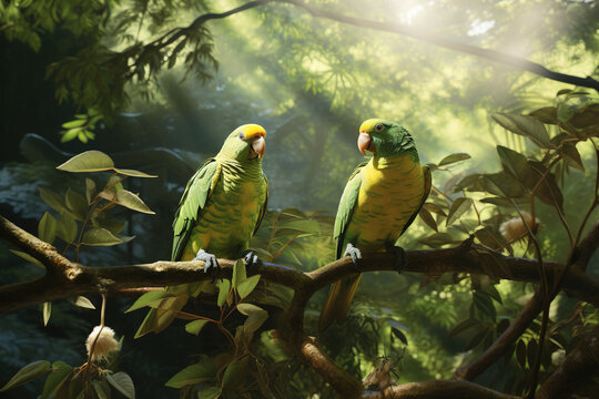 Image of a two parakeets sticking on the branches in the forest, Bird, Wildlife Animals., Generative AI, Illustration.