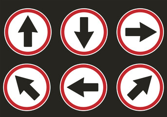 Bundle set of round circle up, down, left, right, diagonal way direction sreet sign in red white black color