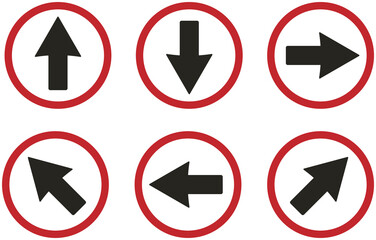 Bundle set of round circle up, down, left, right, diagonal way direction sreet sign in red white black color