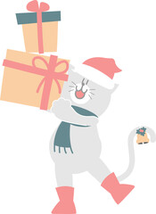 merry christmas and happy new year with cute cat and gift box, flat png transparent element cartoon character design