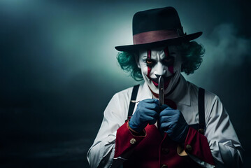 Creepy Clown Holding a Knife with Smoke in Background features an A.I. generated close-up of a creepy clown with a sinister smile wearing a hat and holding a knife.