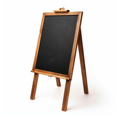 Blackboard menu with easel on wooden table with blur restaurant background