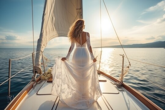 blonde woman with hat on a yacht and enjoys the summer holiday over the tropical ocean, AI Generated