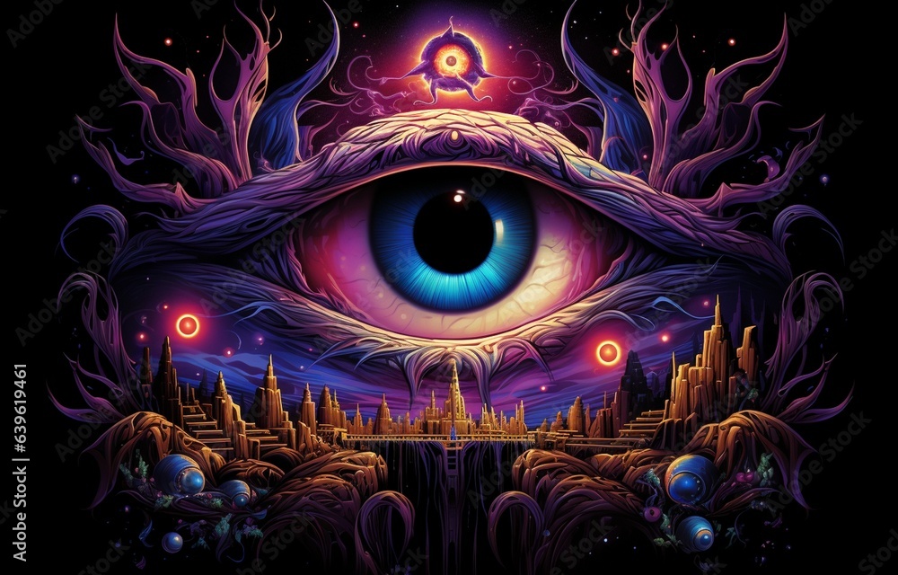 Wall mural open third eye trippy 3d psychedelic mushrooms magic tunnel beautiful background art. generative ai