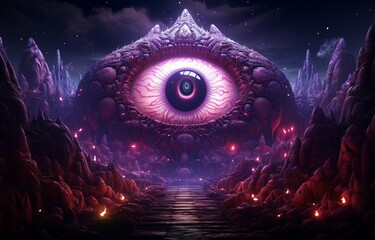 Open third eye Trippy 3D psychedelic mushrooms magic tunnel beautiful background art. Generative AI - obrazy, fototapety, plakaty