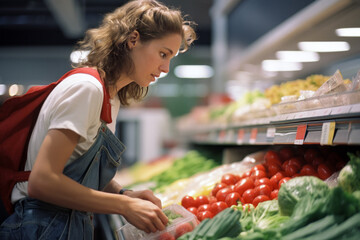 A young woman browses through grocery store aisles with a concerned look. She's carefully selecting items while checking prices, visibly affected by budget constraints and rising inflation.