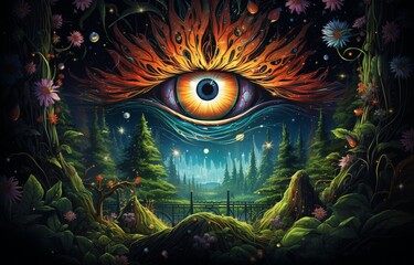 Open third eye Trippy 3D psychedelic mushrooms magic tunnel beautiful background art. Generative AI