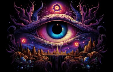 Open third eye Trippy 3D psychedelic mushrooms magic tunnel beautiful background art. Generative AI