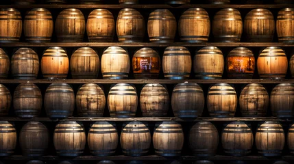 Fotobehang Wine cellar storage room with barrels of wine, rum, whisky, bourbon and scotch. 16:9 wide aspect ratio wallpaper  © Susith