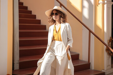 A beautiful girl in a snow-white trouser suit, a yellow blouse and a white hat walks around the city.