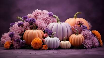 Pink and orange pumpkins and flowers Thanksgiving Halloween decoration on blue. Trendy modern pastel pumpkins and various flowers on table. Autumn holidays decoration arrangement ideas - Powered by Adobe