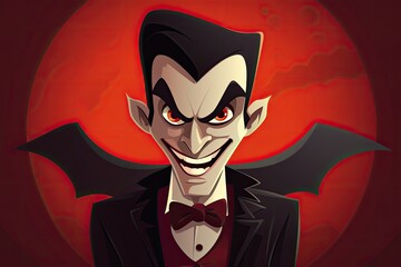cartoon vampire with red eyes on red background