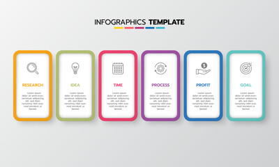 Fototapeta na wymiar Business infographic template process with simple geometry square, rectangle, circle, triangle, curves in flat design template with thin line icons and 6 options or steps. Vector illustration.
