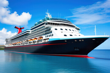 A huge cruise line travels across the sea. Sea travel vacation. Seascape overlooking a cruise...