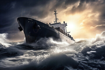 Naklejka premium A cargo or fishing ship is caught in a severe storm. Ship at sea on big waves. The threat of shipwreck. Element in the ocean. The hard work of a sailor.