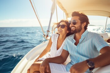 Beautiful couple looking in sunset from the yacht. AI generated - obrazy, fototapety, plakaty