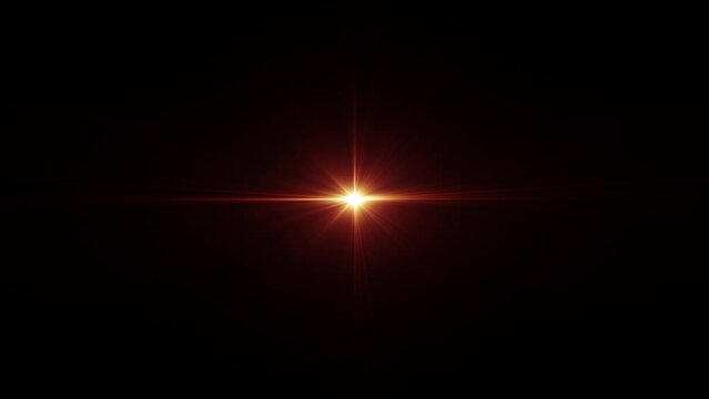 Loop abstract center glow gold orange red star lights optical lens flares shine animation art abstract on black background for screen project overlay. Lighting lamp rays effect dynamic bright video fo