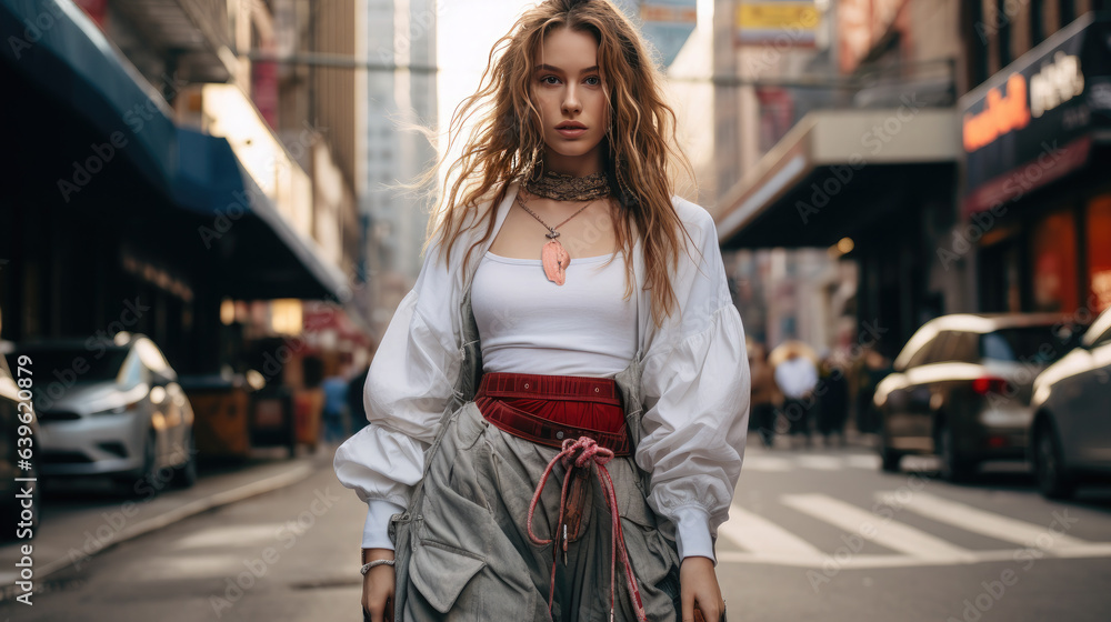 Wall mural Generative AI, beautiful young stylish girl in fashionable clothes stands against the backdrop of a city street, teenager, street style, youth, woman model, fashion show week, portrait photography - Wall murals