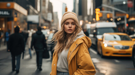 Obraz premium Generative AI, beautiful young stylish girl in fashionable clothes stands against the backdrop of a city street, teenager, street style, youth, woman model, fashion show week, portrait photography