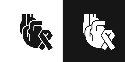 Heart cancer vector icon. Heart organ and Cancer Awareness Ribbon